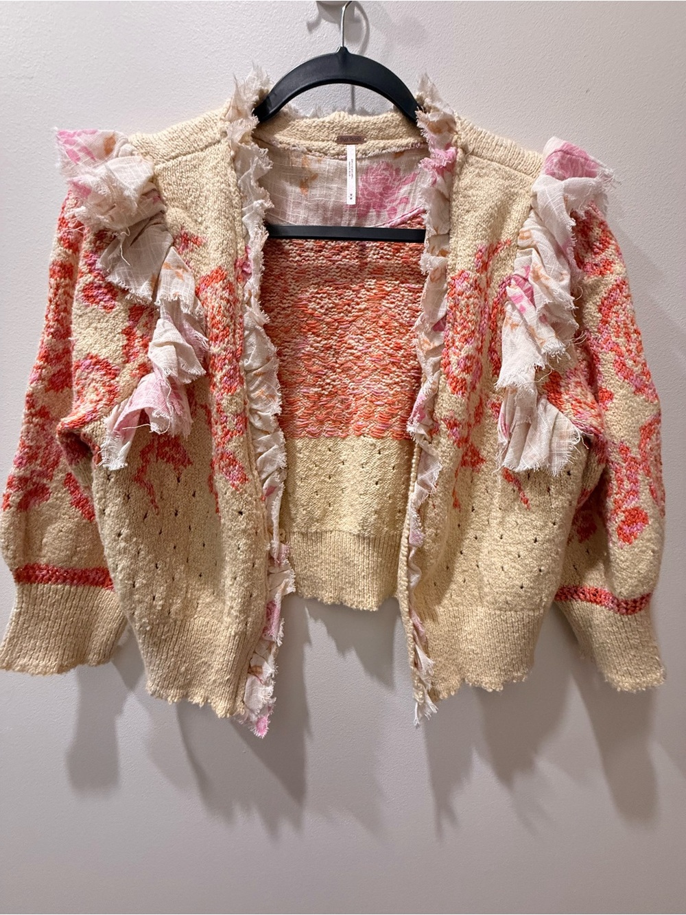 Free People Cream Cardigan with Pink and Coral Floral Accents